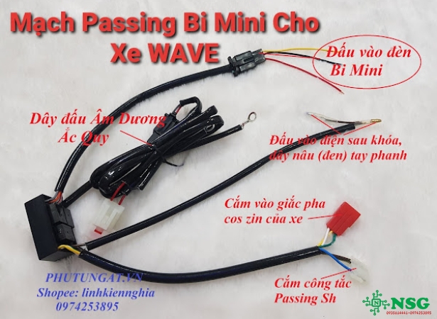 Mạch Passing Bi Mini Cho Xe WAVE A 110 WAVE RSX Dùng Trên Công Tắc Passing Sh Bấm giắc cos đầy đủ theo xe