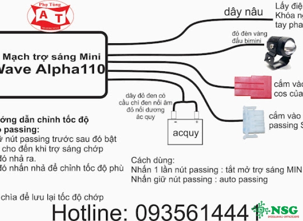 Mạch Passing Bi Mini Cho Xe WAVE A 110 WAVE RSX Dùng Trên Công Tắc Passing Sh Bấm giắc cos đầy đủ theo xe